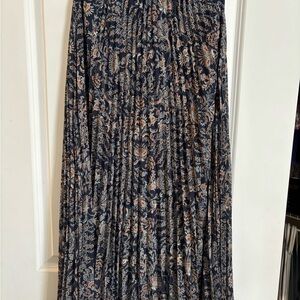 Floral Pleated Maxi Skirt - Blue and Tan